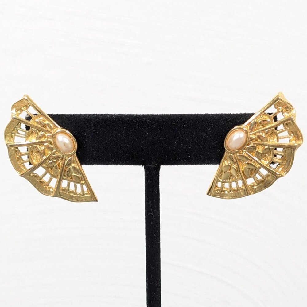 Vintage Avon Moonlight Lace Earrings Gold Tone Faux Pearl Statement